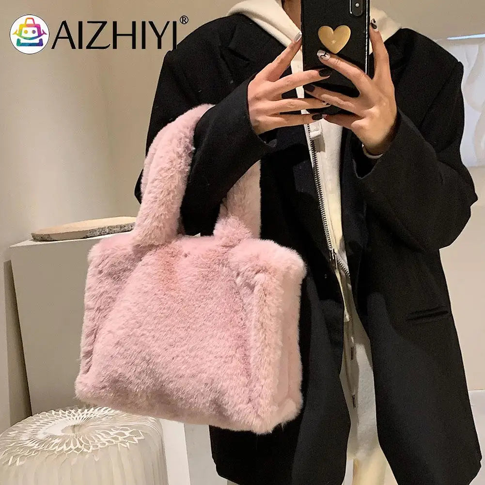 Women Plush Fur Solid Buckle Handbag Lady Winter Casual Mini Top-handle Bag