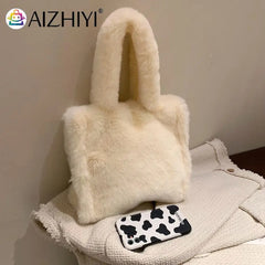 Women Plush Fur Solid Buckle Handbag Lady Winter Casual Mini Top-handle Bag