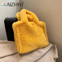 Women Plush Fur Solid Buckle Handbag Lady Winter Casual Mini Top-handle Bag