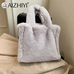 Women Plush Fur Solid Buckle Handbag Lady Winter Casual Mini Top-handle Bag