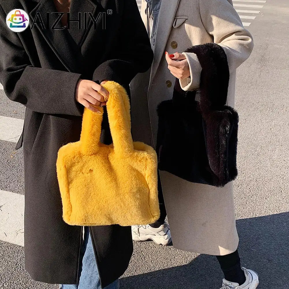 Women Plush Fur Solid Buckle Handbag Lady Winter Casual Mini Top-handle Bag