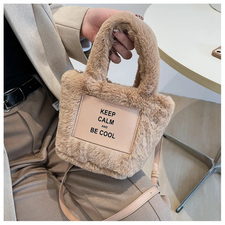 Women Plush Handbags Autumn And Winter Bucket Shoulder Bag Letter Messenger Bag