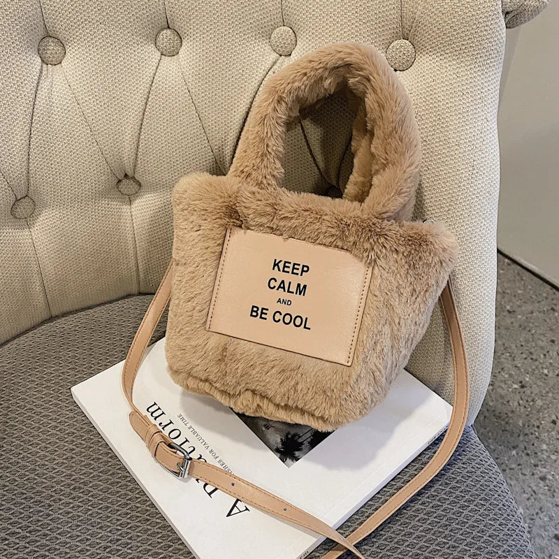 Women Plush Handbags Winter Bucket Shoulder Bag Messenger Purse
