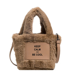 Women Plush Handbags Bucket Shoulder Bag Letter Messenger Purse High Bag