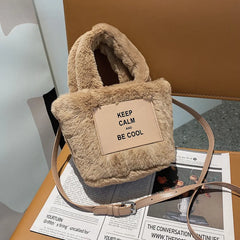 Women Plush Handbags Bucket Shoulder Bag Letter Messenger Purse High Bag