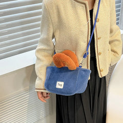 Women Plush Handbags Bucket Shoulder Bag Letter Messenger Bag