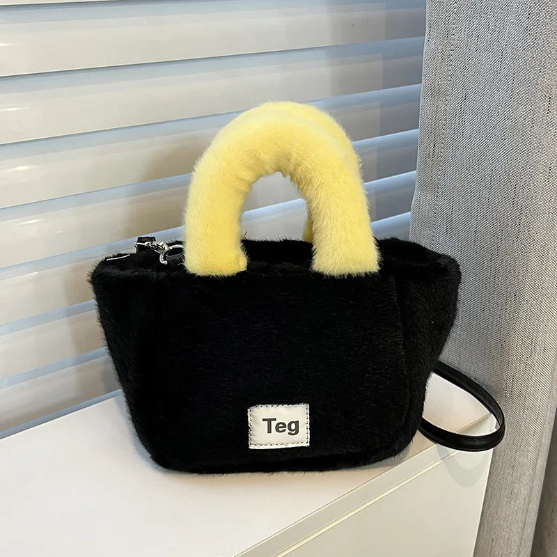 Women Plush Handbags Bucket Shoulder Bag Letter Messenger Bag