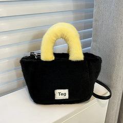 Women Plush Handbags Bucket Shoulder Bag Letter Messenger Bag