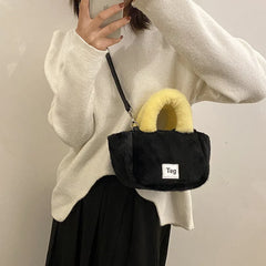 Women Plush Handbags Bucket Shoulder Bag Letter Messenger Bag