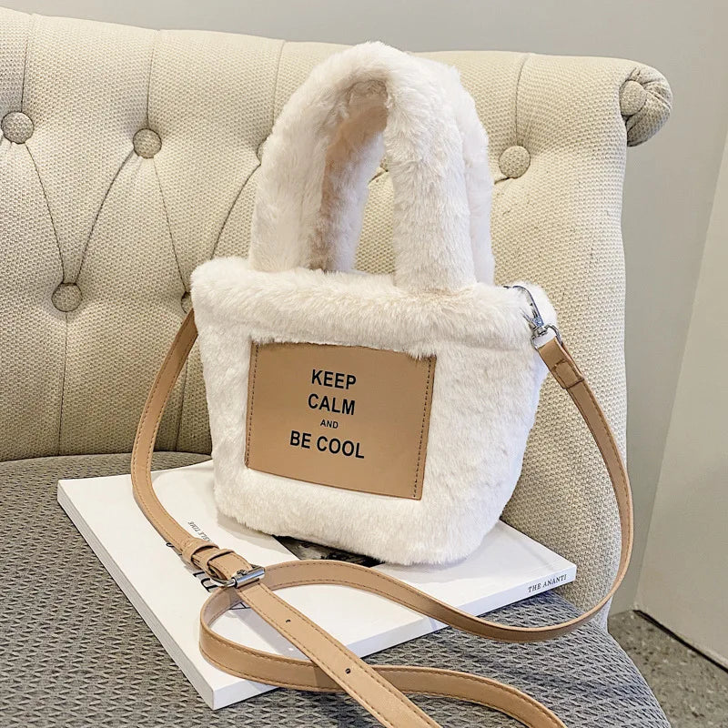 Women Plush Handbags Winter Bucket Shoulder Bag Messenger Purse
