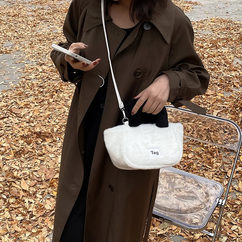 Women Plush Handbags Bucket Shoulder Bag Letter Messenger Bag