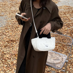 Women Plush Handbags Bucket Shoulder Bag Letter Messenger Bag