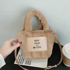 Women Plush Handbags Autumn And Winter Bucket Shoulder Bag Letter Messenger Bag