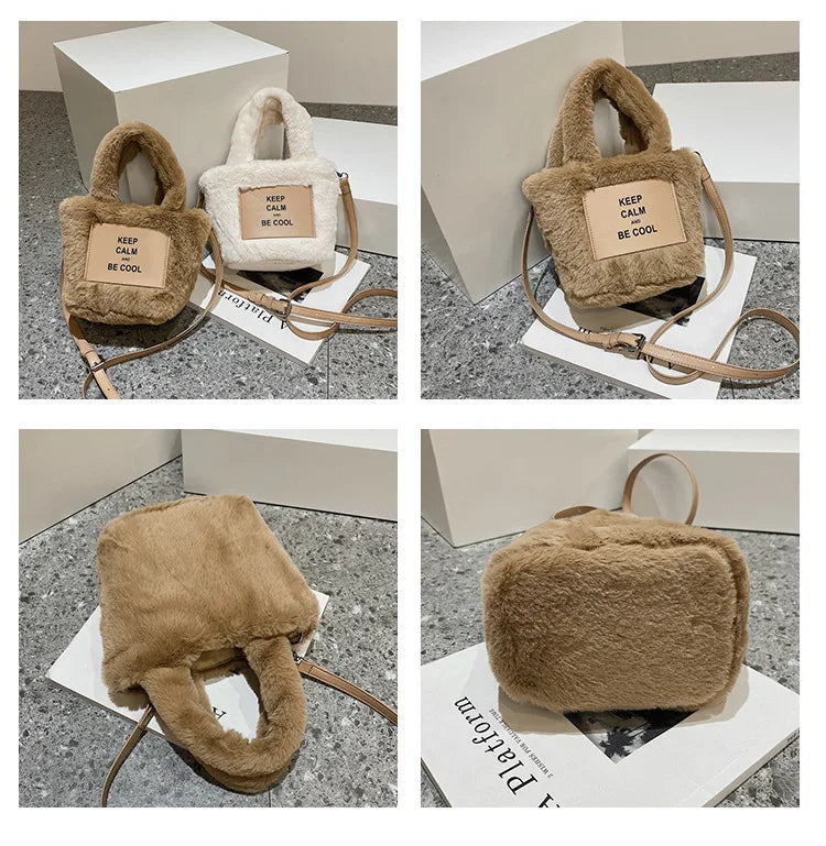 Women Plush Handbags Autumn And Winter Bucket Shoulder Bag Letter Messenger Bag