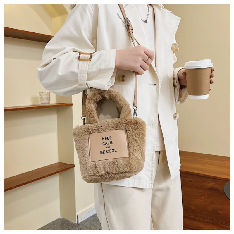 Women Plush Handbags Bucket Shoulder Bag Letter Messenger Purse High Bag