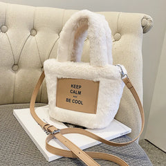 Women Plush Handbags Bucket Shoulder Bag Letter Messenger Purse High Bag