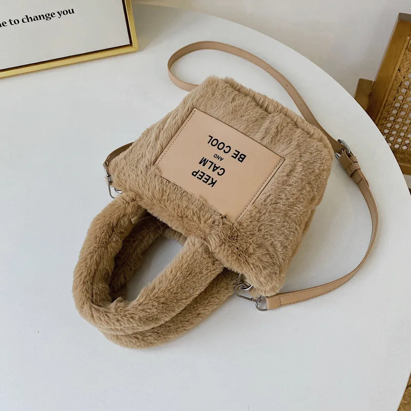 Women Plush Handbags Bucket Shoulder Bag Letter Messenger Purse High Bag