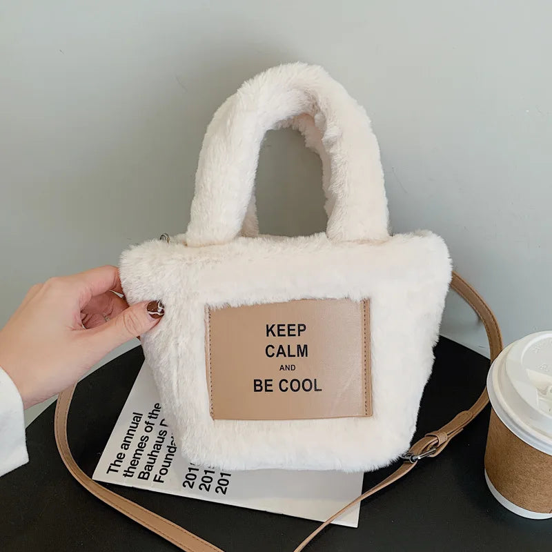 Women Plush Handbags Autumn And Winter Bucket Shoulder Bag Letter Messenger Bag