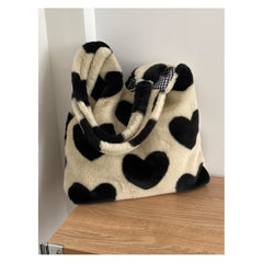Women Plush Heart-shaped Tote Canvas Shoulder Bag Fluffy Fur Handbags