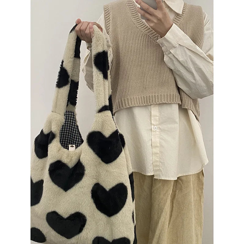 Women Plush Heart-shaped Tote Canvas Shoulder Bag Fluffy Fur Handbags