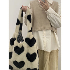 Women Plush Heart-shaped Tote Canvas Shoulder Bag Fluffy Fur Handbags
