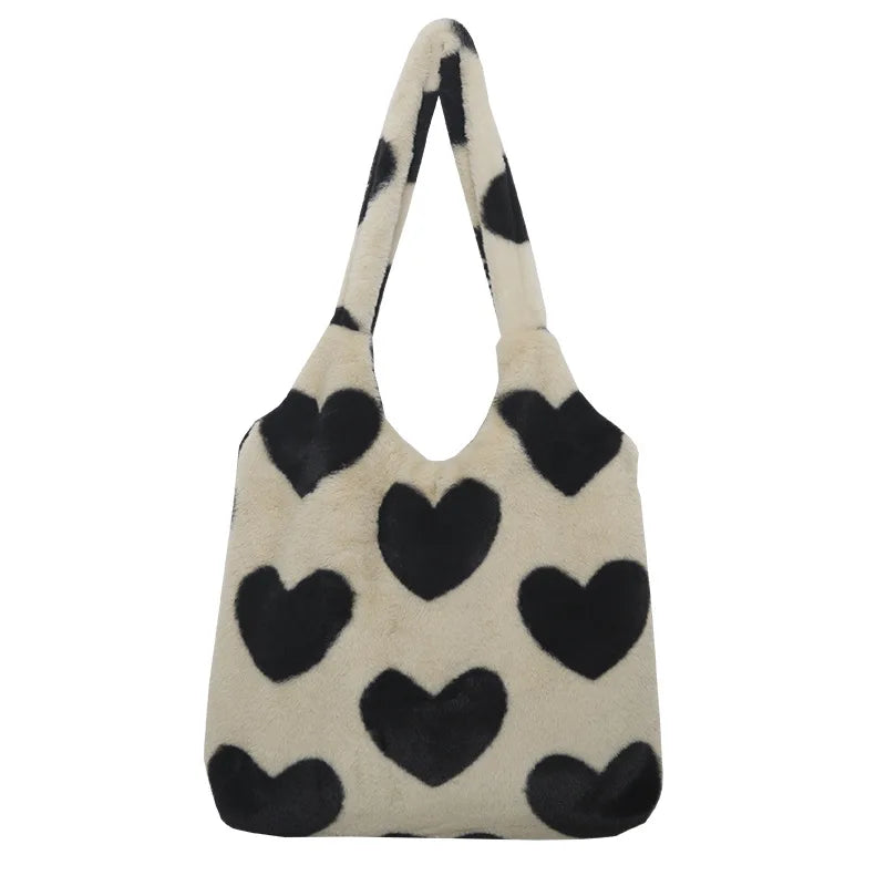 Women Plush Heart-shaped Tote Canvas Shoulder Bag Fluffy Fur Handbags