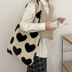 Women Plush Heart-shaped Tote Canvas Shoulder Bag Fluffy Fur Handbags