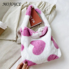 Women Plush Leopard Love Heart Shoulder Bag Autumn Winter Handbags