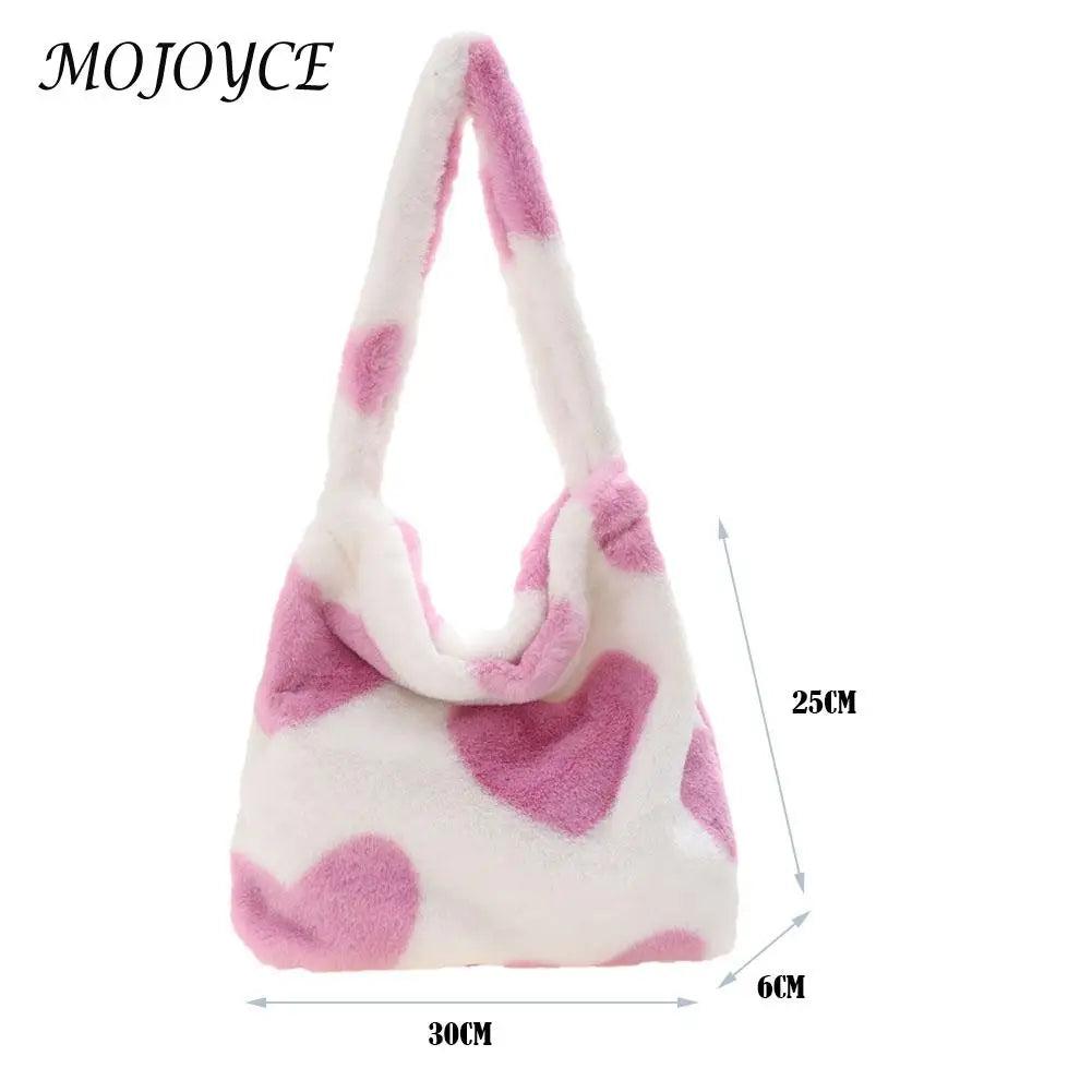 Women Plush Leopard Love Heart Shoulder Bag Autumn Winter Handbags