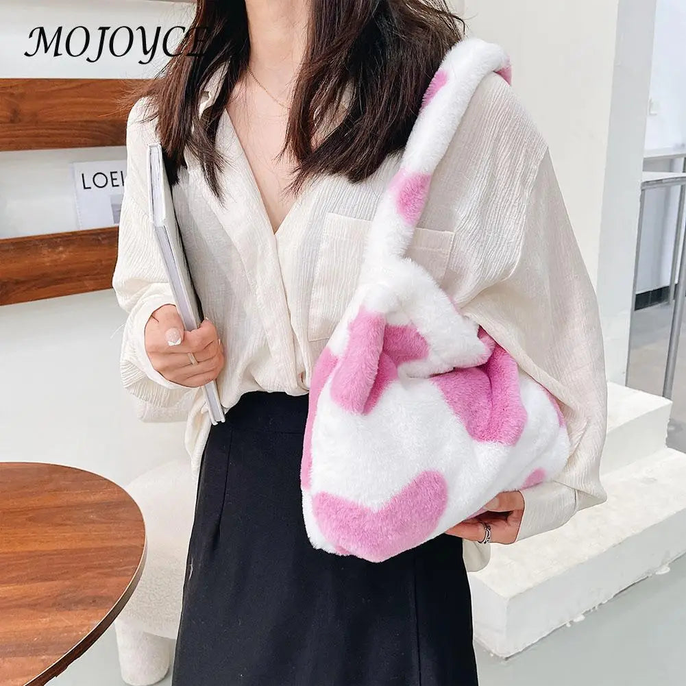 Women Plush Leopard Love Heart Shoulder Bag Autumn Winter Handbags