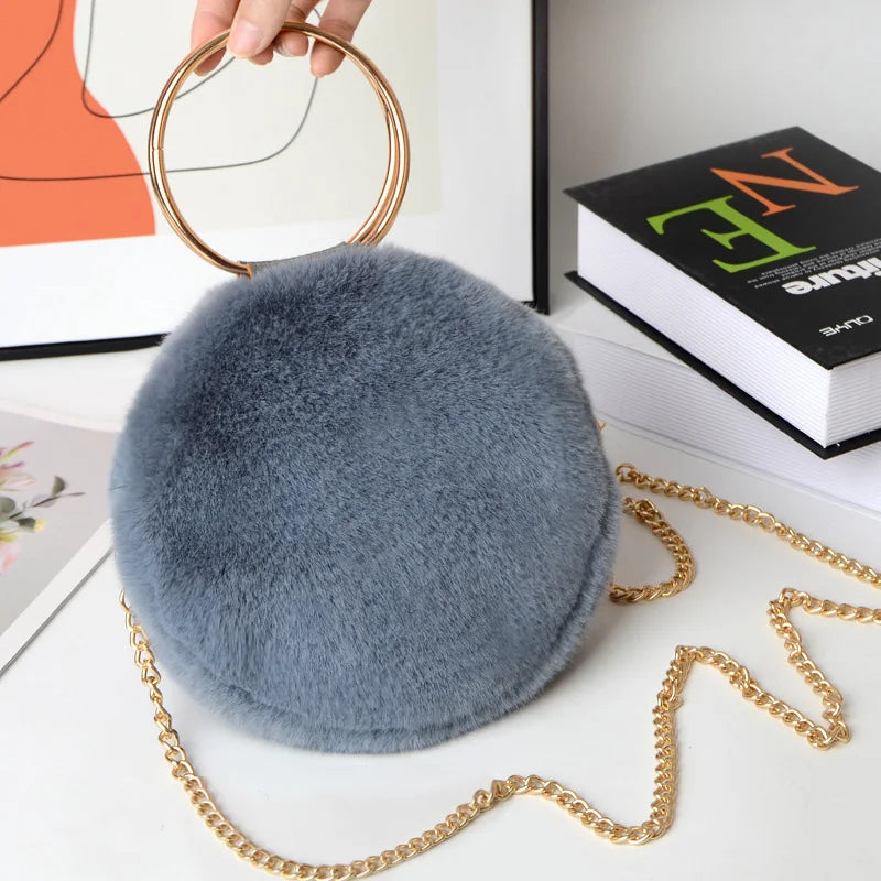 Plush Round Shoulder Bag Soft Faux Fur Circle Crossbody Purse
