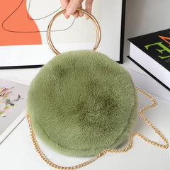 Plush Round Shoulder Bag Soft Faux Fur Circle Crossbody Purse