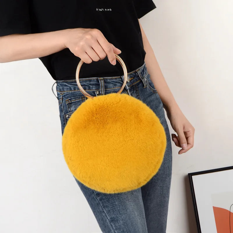 Plush Round Shoulder Bag Soft Faux Fur Circle Crossbody Purse