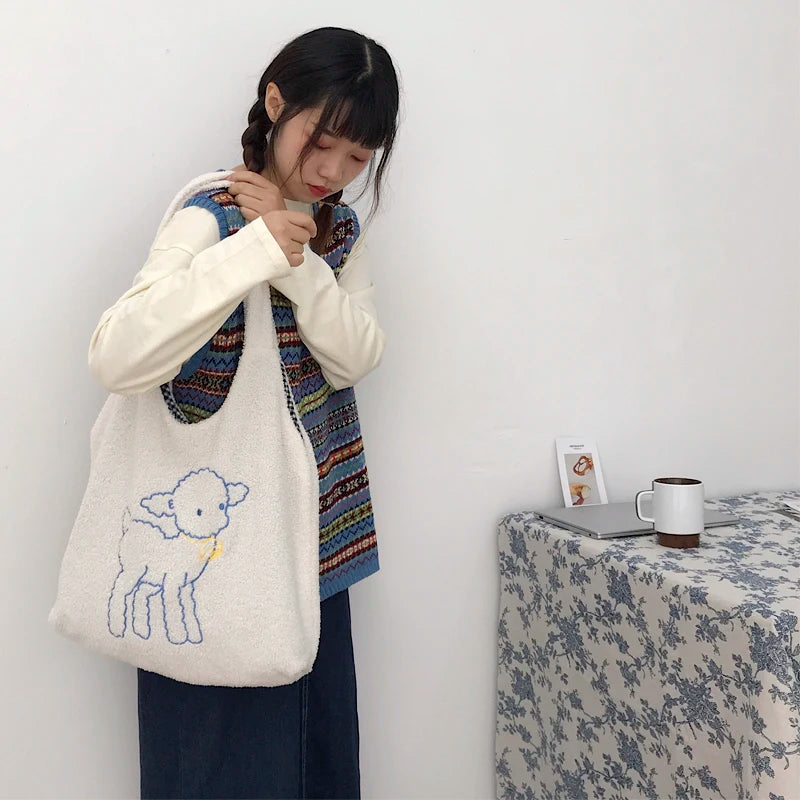 Women Plush Sheep Handbags Girl Lamb Like Fabric Shoulder Bag