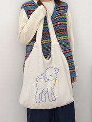 Women Plush Sheep Handbags Girl Lamb Like Fabric Shoulder Bag