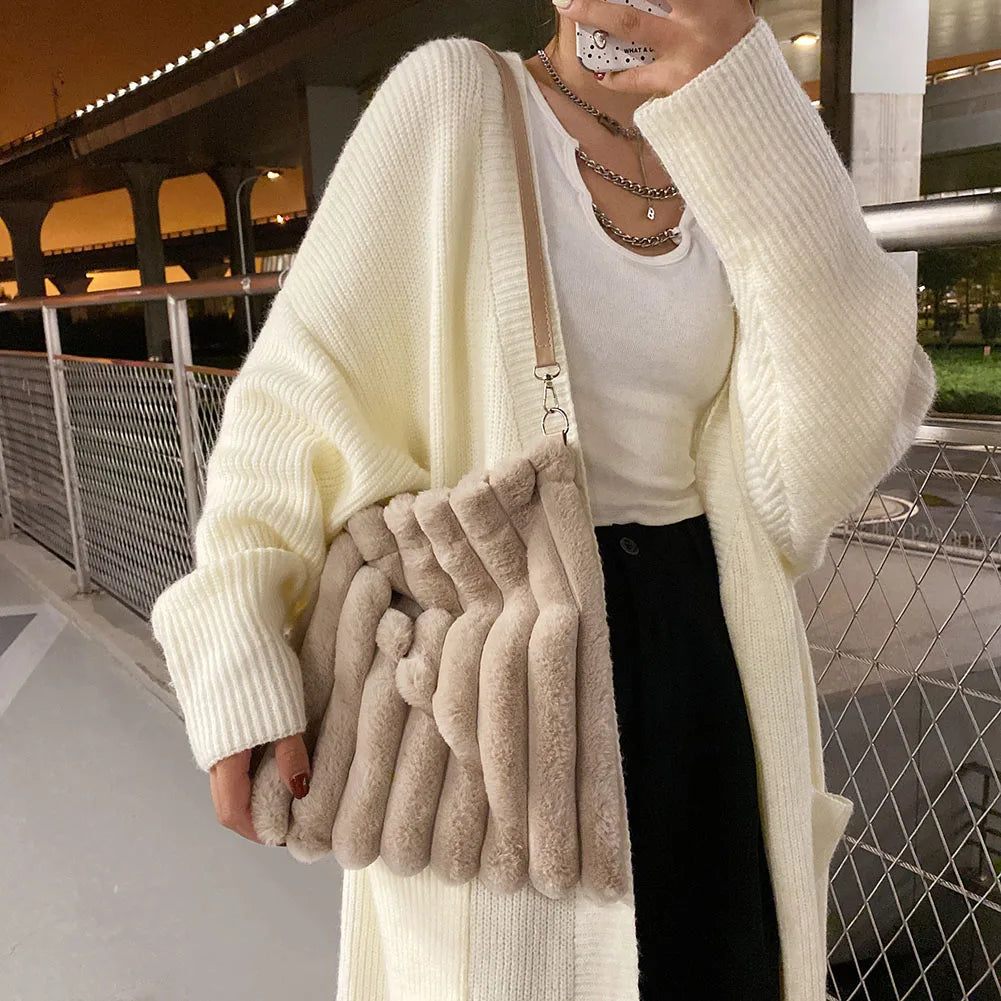 Women Plush Shopping Bags Heart Print Shoulder Bag