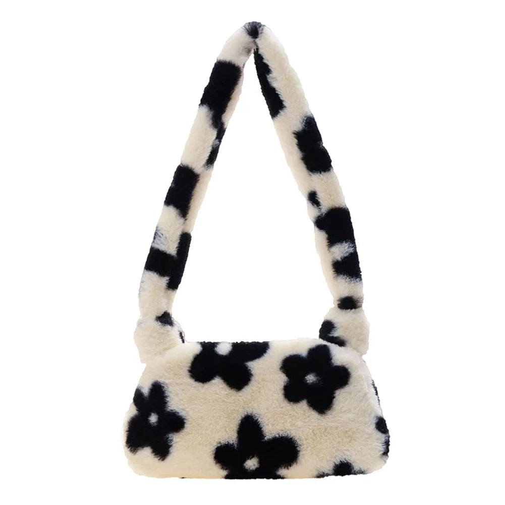 Women Plush Shoulder Underarm Bag Flower Love Heart Printed Shoulder Tote Bag