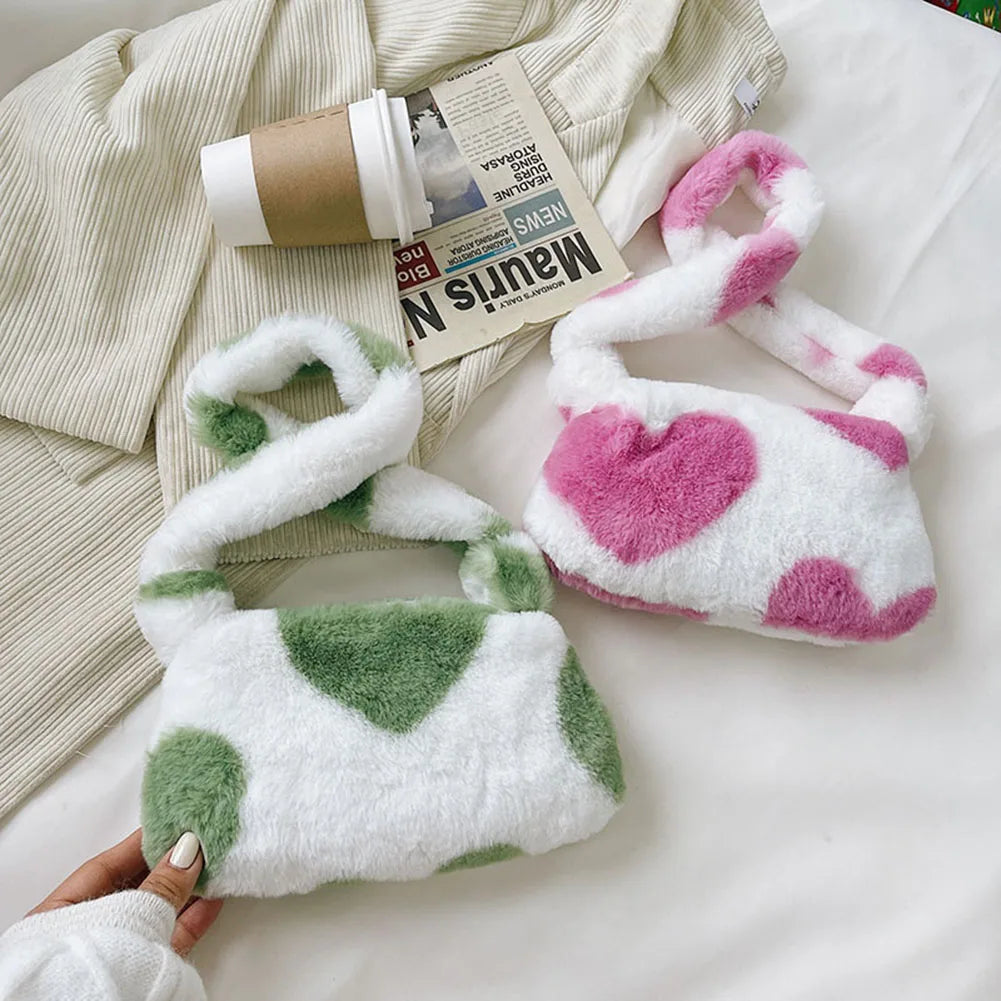 Women Plush Shoulder Underarm Bag Flower Love Heart Printed Shoulder Tote Bag