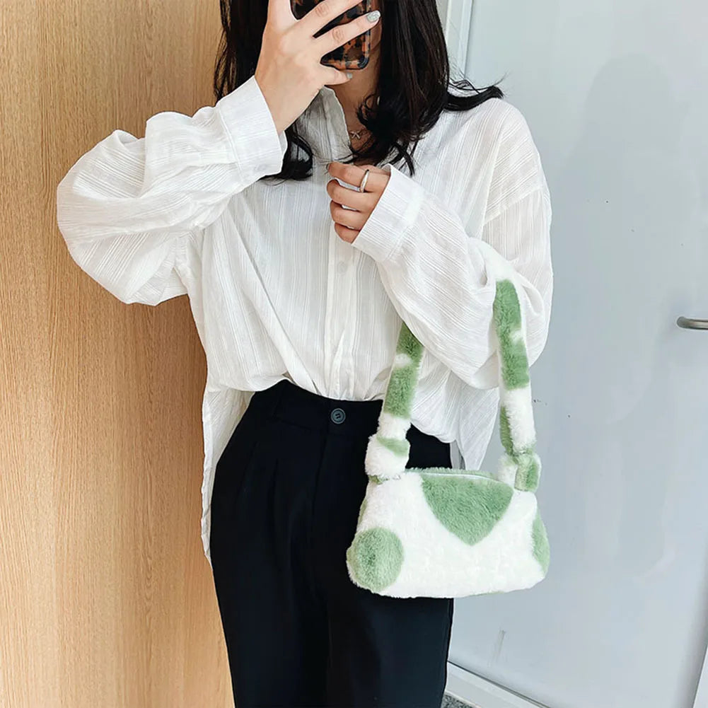 Women Plush Shoulder Underarm Bag Flower Love Heart Printed Shoulder Tote Bag