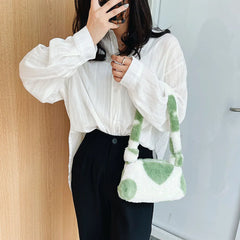 Women Plush Shoulder Underarm Bag Flower Love Heart Printed Shoulder Tote Bag