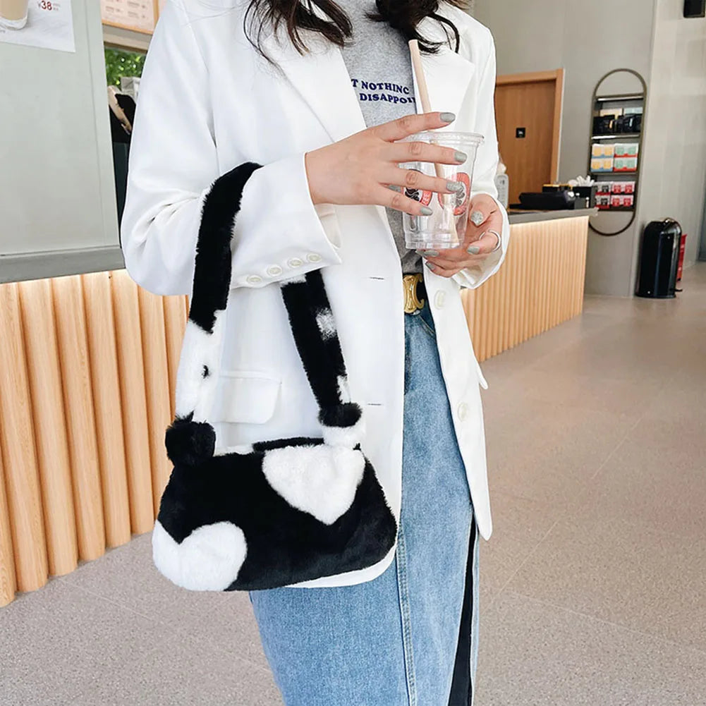 Women Plush Shoulder Underarm Bag Flower Love Heart Printed Shoulder Tote Bag