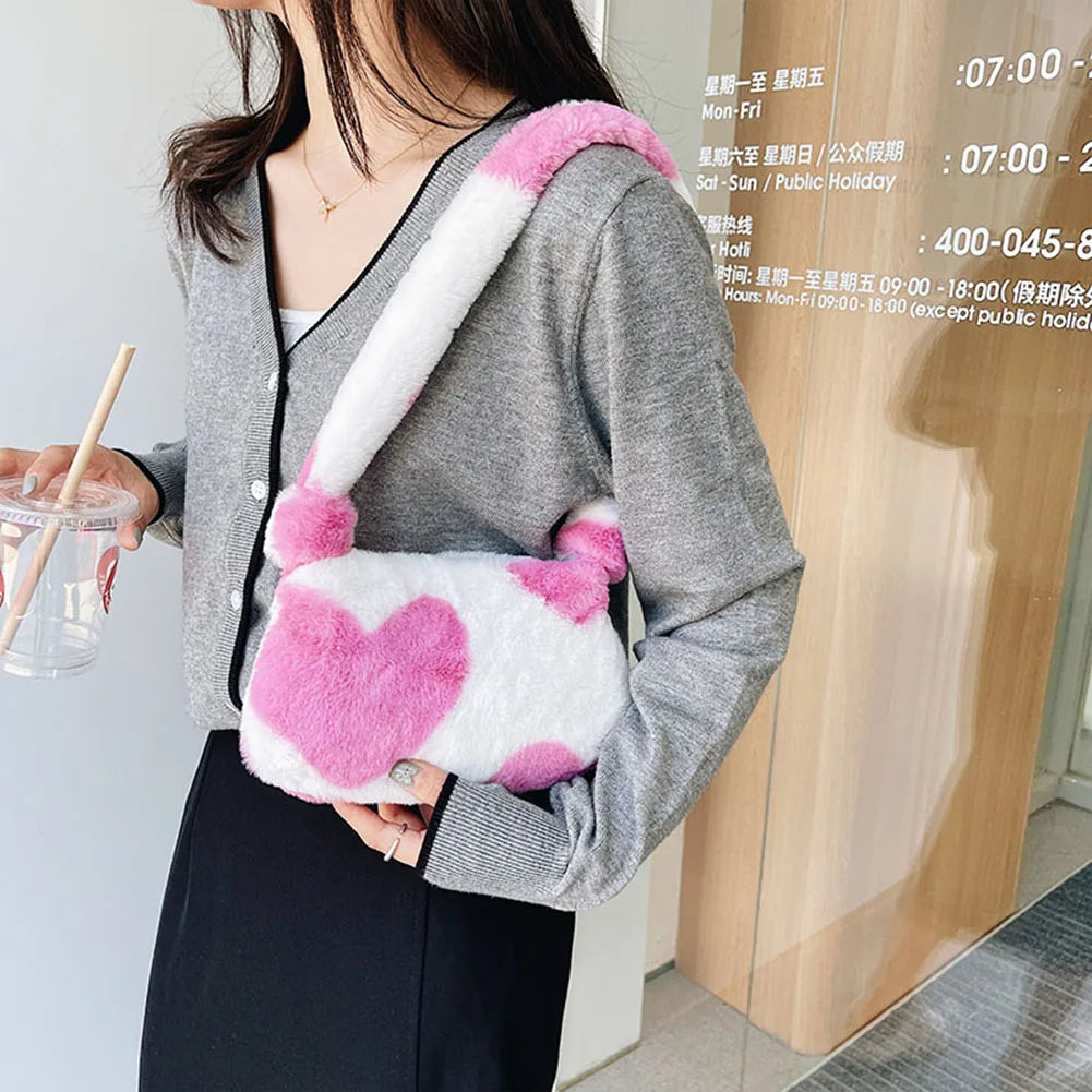 Women Plush Shoulder Underarm Bag Flower Love Heart Printed Shoulder Tote Bag