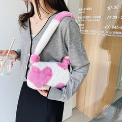 Women Plush Shoulder Underarm Bag Flower Love Heart Printed Shoulder Tote Bag