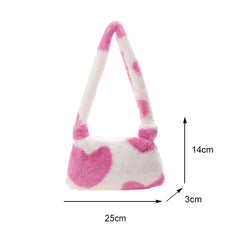 Women Plush Shoulder Underarm Bag Flower Love Heart Printed Shoulder Tote Bag