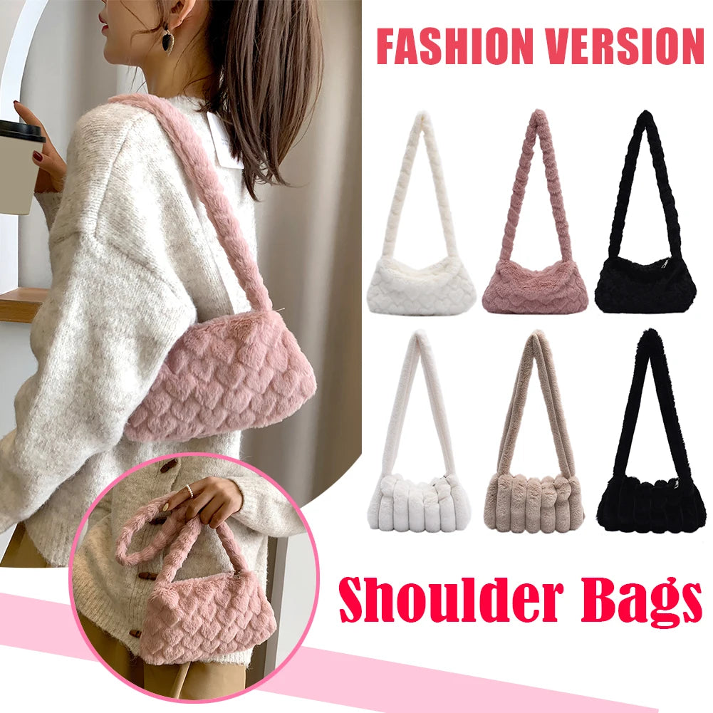 Women Plush Solid Shoulder Bag Female Winter Warm Shopping Bags