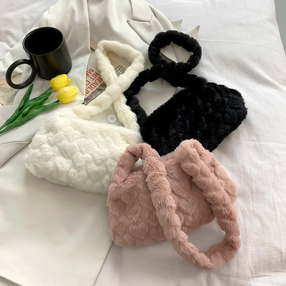 Women Plush Shoulder Bag Winter Warm Shopping Bags