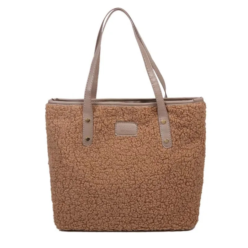 Women Plush Tote Bag Winter Warm Faux Lamb Wool Ladies Shoulder Bag