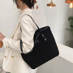 Women Plush Tote Bag Winter Warm Faux Lamb Wool Ladies Shoulder Bag