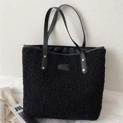 Women Plush Tote Bag Winter Warm Faux Lamb Wool Ladies Shoulder Bag