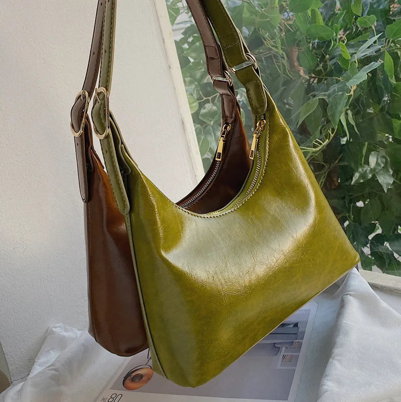 Vintage PU Leather Shoulder Bag - Lady Zipper Tote Ins Armpit Bag for Girl